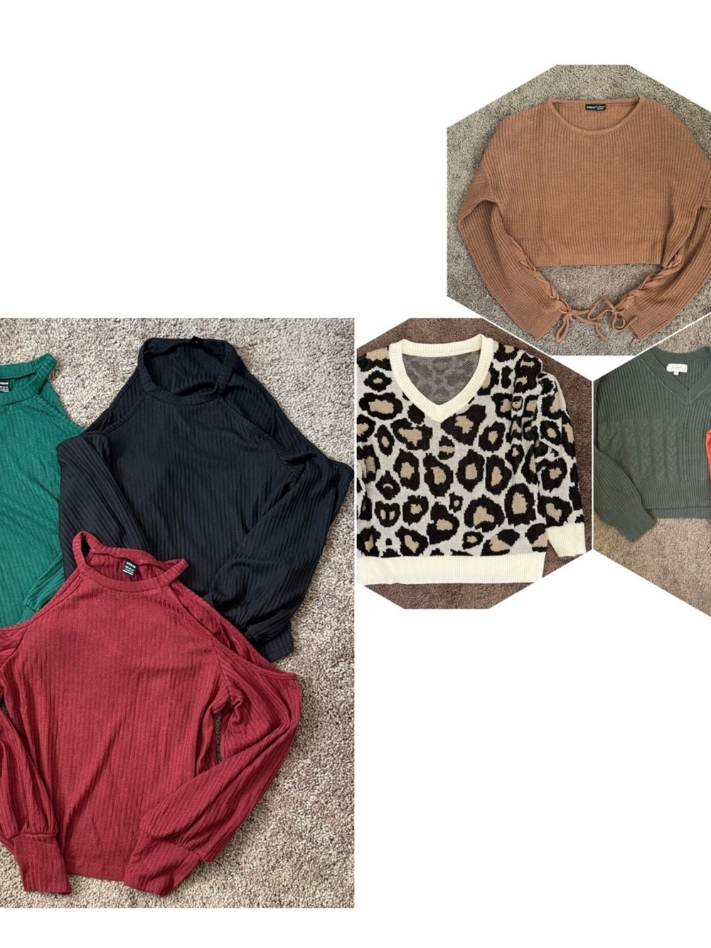 V‑Neck & Ribbed Sweater Collection - Red, Black, Green, Tan, Leopard